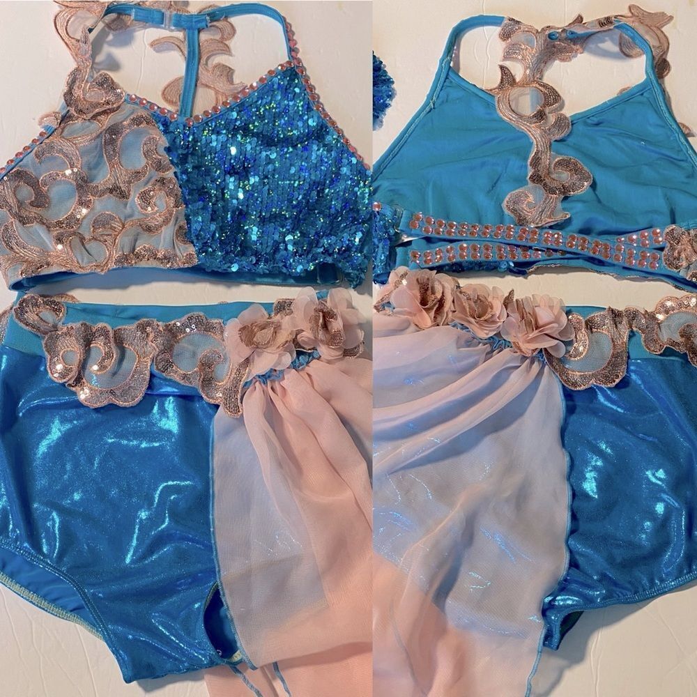 Glamour solo dance costume 2 piece blue pink sequin lace XLC-Extra large child
